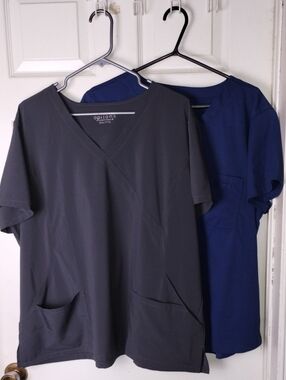 Options International Womens V-Neck Scrub Top - Charcoal Gray And Navy, XXL